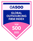 A pink and blue badge labeled "OA500 Global Outsourcing Firm Index, Top 500, 2025," recognizing excellence in offshore software development services.