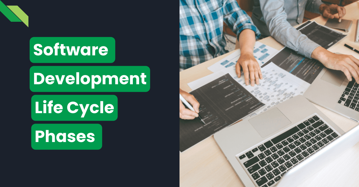 Two people discussing Software Development life cycle phases with laptops and documents on their desk.