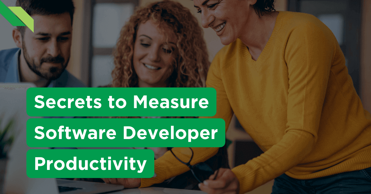 Three professionals discussing metrics for developer productivity.