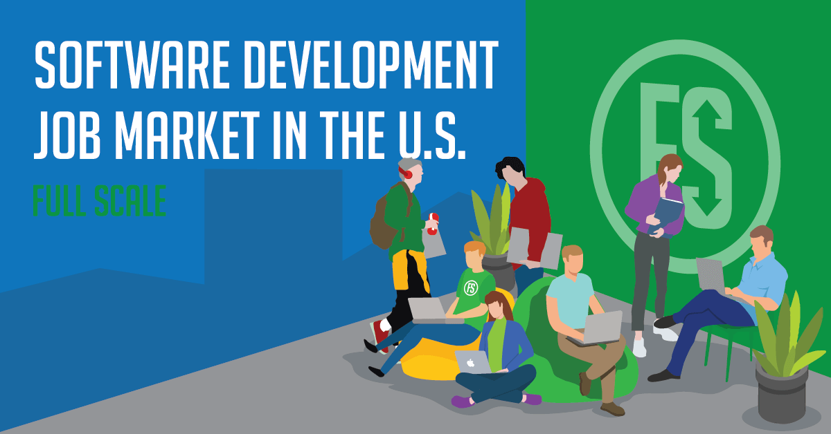 An illustration depicting a group of people engaged in software development activities, with the text "Software development job market in the U.S." displayed prominently, suggesting an emphasis on the employment landscape in this sector.