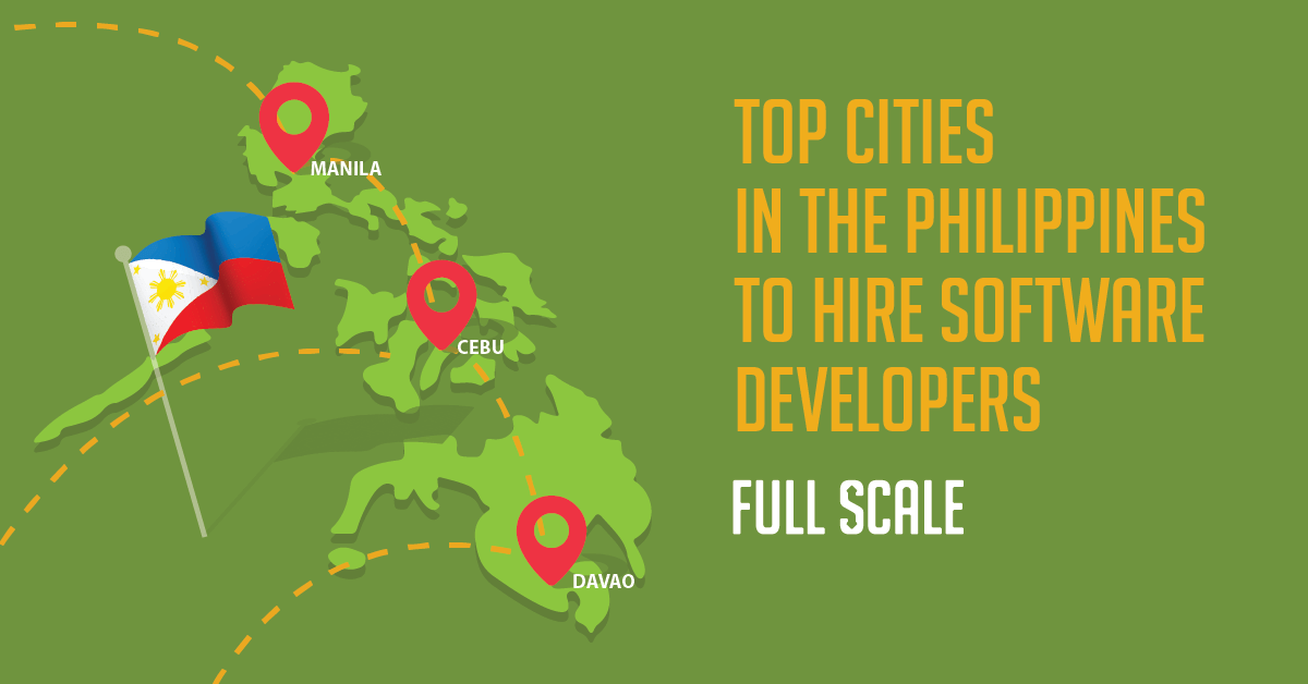 An infographic highlighting "best cities in the Philippines to hire software developers: Manila, Cebu, Davao" with a map of the Philippines and location pins on the three cities, accompanied by