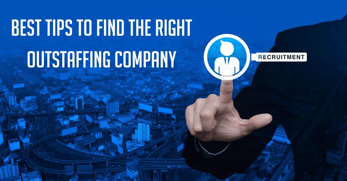 A graphic promoting the best tips for finding the right outstaffing company, with an emphasis on recruitment, featuring a silhouette of a person pointing to an icon symbolizing employment against a backdrop of a city