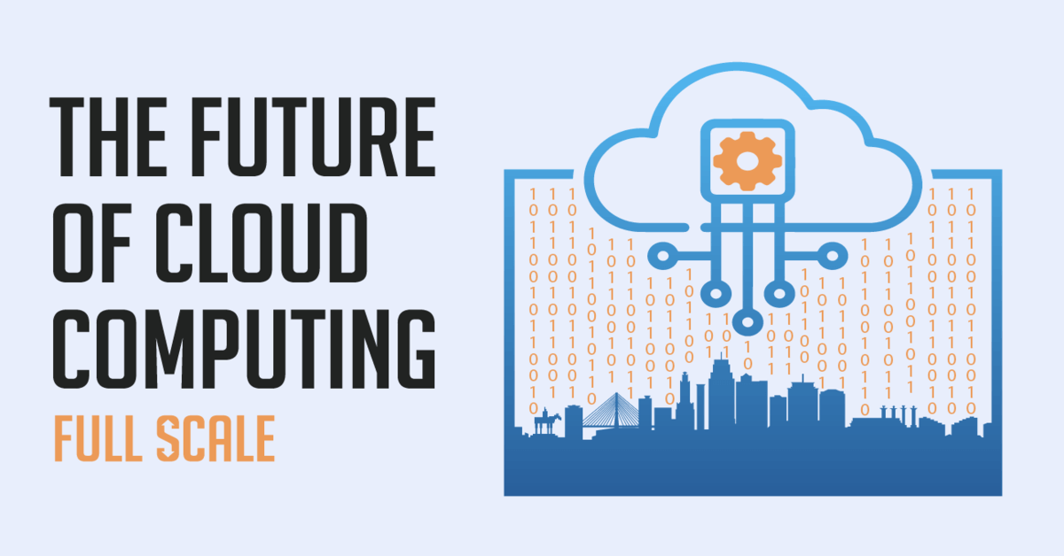 Graphic illustration highlighting the future of cloud computing technology, with a focus on its scalability and integration into urban infrastructure.