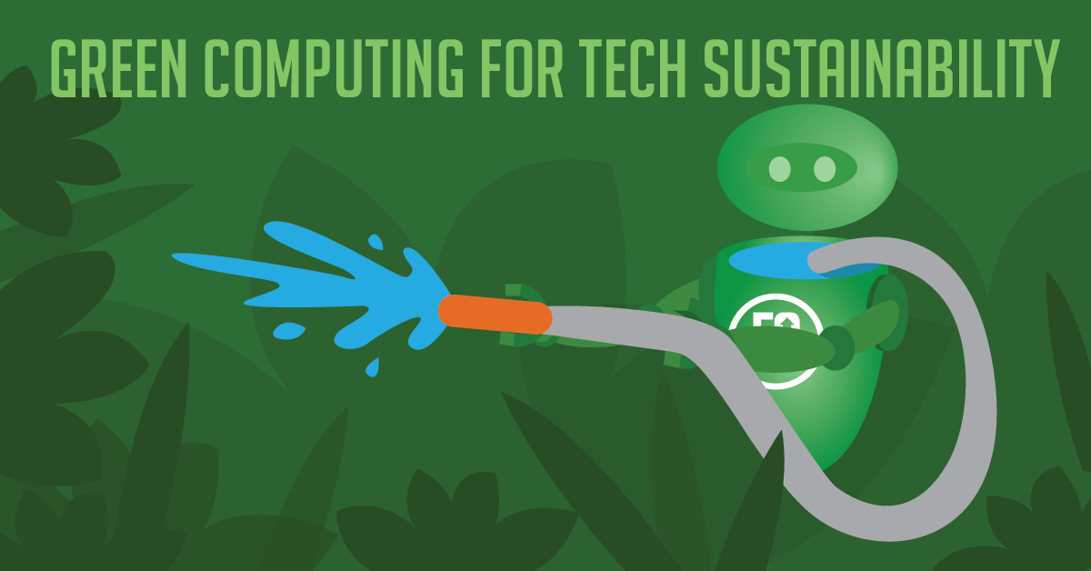 A graphical illustration showing a green, cartoon-style character holding a watering hose, with the text "green computing" above it, emphasizing the theme of sustainable technology practices.