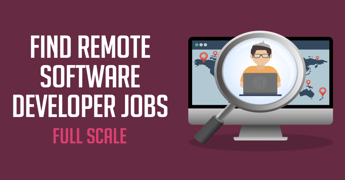 An illustration promoting remote software developer jobs, featuring a computer monitor displaying a male figure with coding symbols and a world map, magnified under a lens.