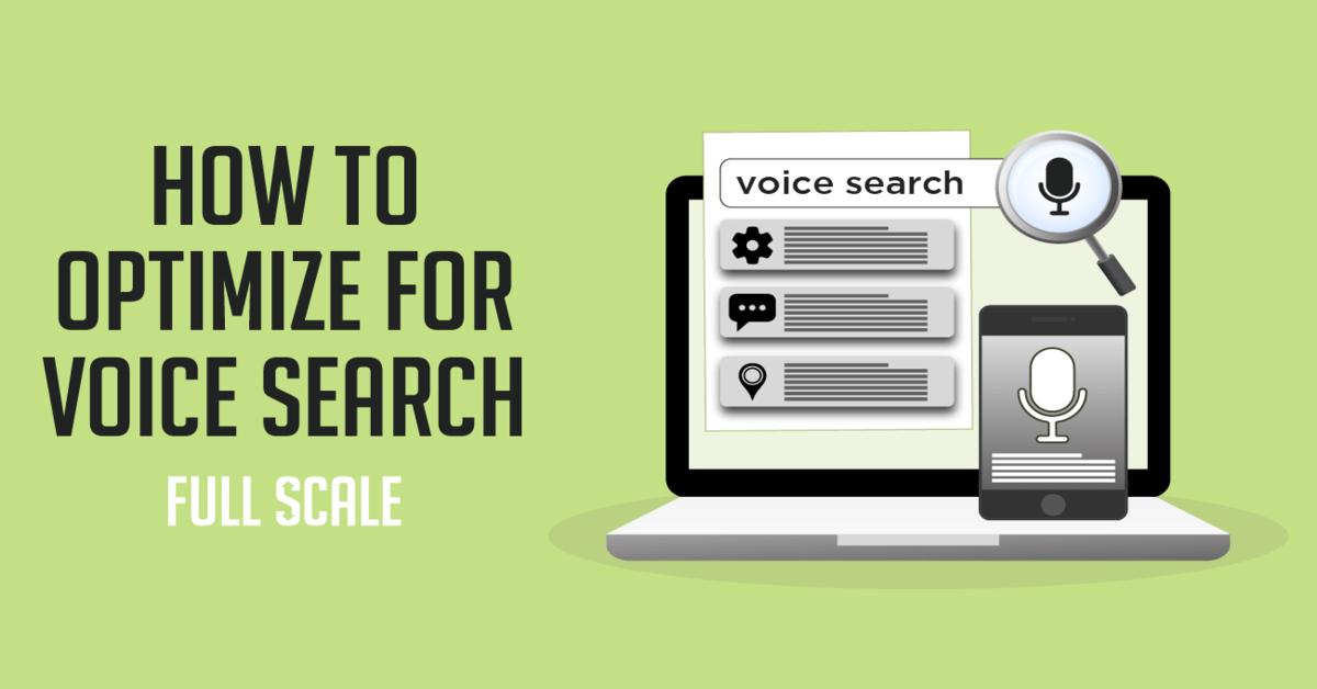 A graphic illustrating the concept of optimizing for voice search marketing, featuring a laptop and a smartphone with microphone icons, alongside a magnifying glass emphasizing snippets of text related to voice queries.