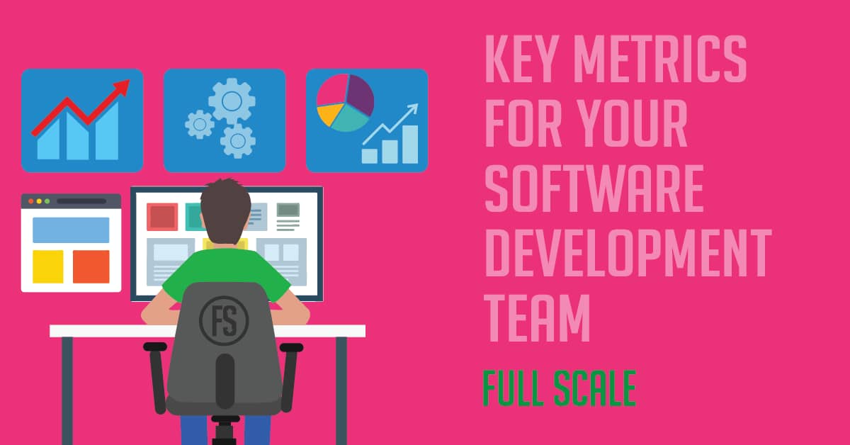 A person sitting at a desk in front of multiple computer screens, with graphics of charts and gear settings above, accompanied by the text "team performance metrics for your software development team," suggesting a focus on