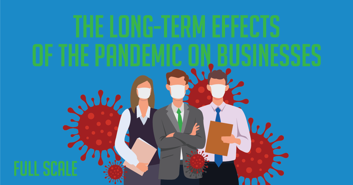 A graphical representation showing three professionals in masks with documents, against a backdrop of virus illustrations, highlighting a discussion about the effects of the pandemic on businesses.