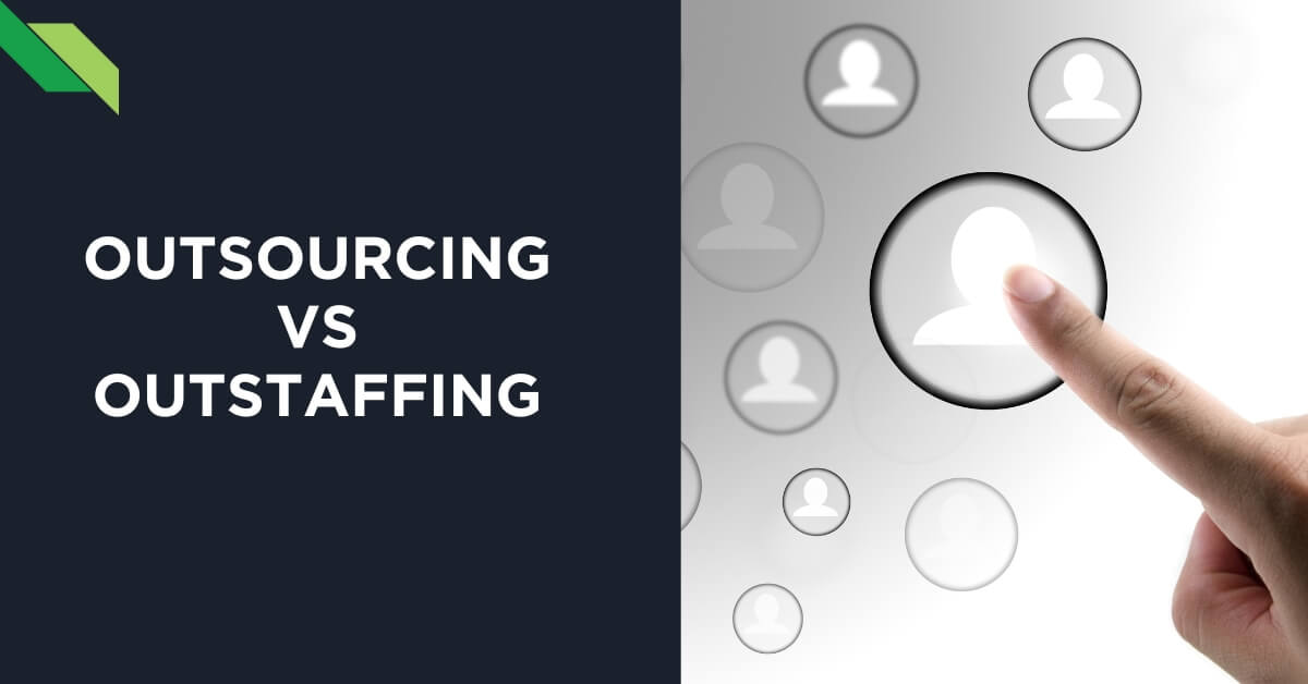 A finger is about to touch a highlighted icon among several, with the text "outsourcing vs outstaffing" indicating a comparison or decision-making process between two business strategies.