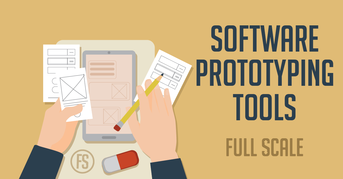 An illustration showcasing a person using software prototyping tools, with a focus on a digital tablet displaying wireframes and a hand holding a pencil, against a backdrop with text that reads "software prototyping tools