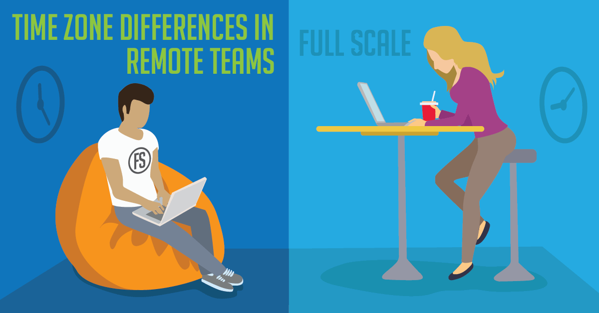 An illustration depicting two individuals in a remote software team working remotely, highlighting the concept of time zone differences in remote teams, with one person casually seated on a bean bag using a laptop and the other standing
