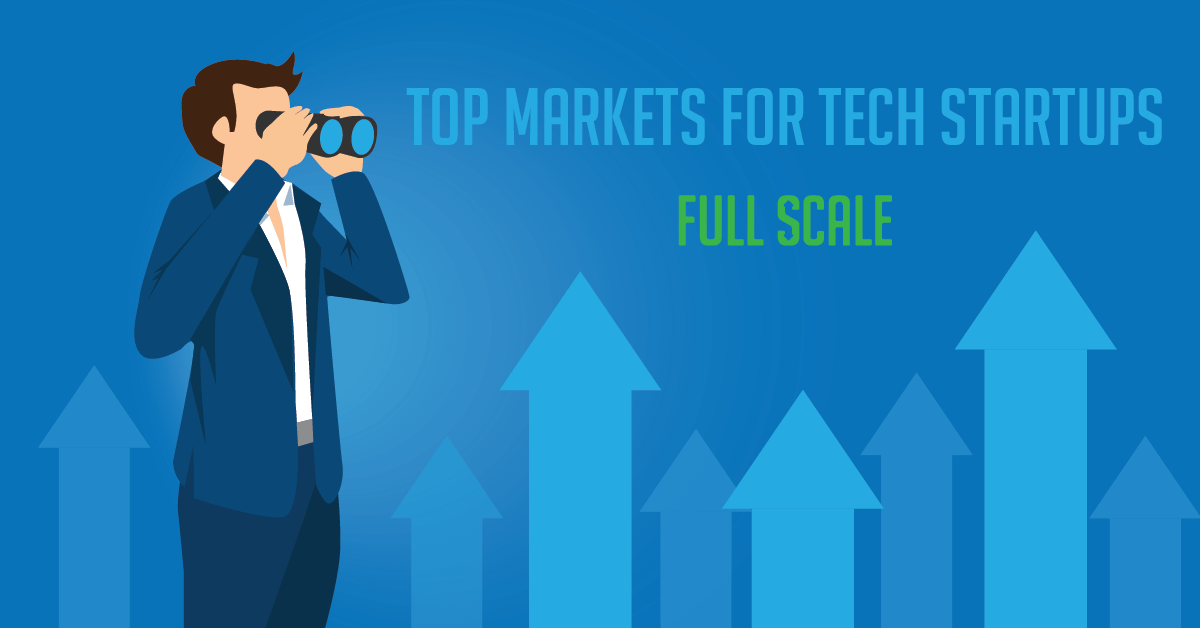 A businessman using binoculars with the text "markets for tech startups - full scale" and upward arrows on a blue background.