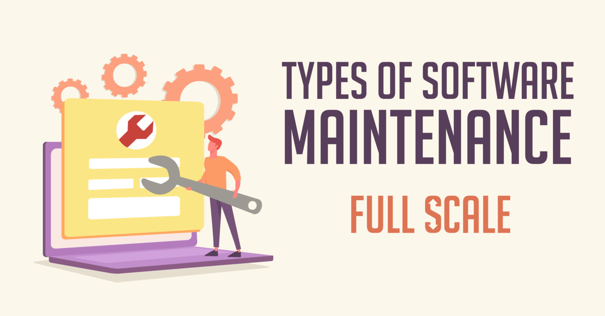 An illustrative depiction of types of software maintenance, featuring a figure holding a wrench next to a large document, with gear symbols, highlighting the concept of software maintenance.