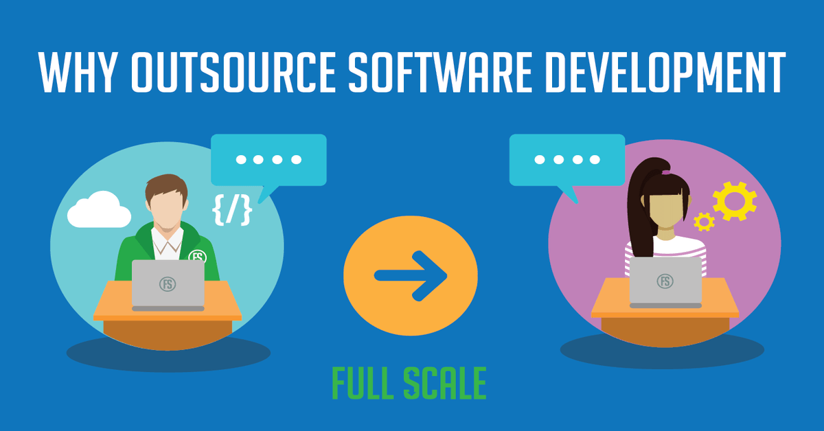 Infographic discussing why companies outsource software development, with two cartoon individuals representing developers in a conversational exchange, separated by an arrow symbolizing the connection or transition between them, under the phrase "why