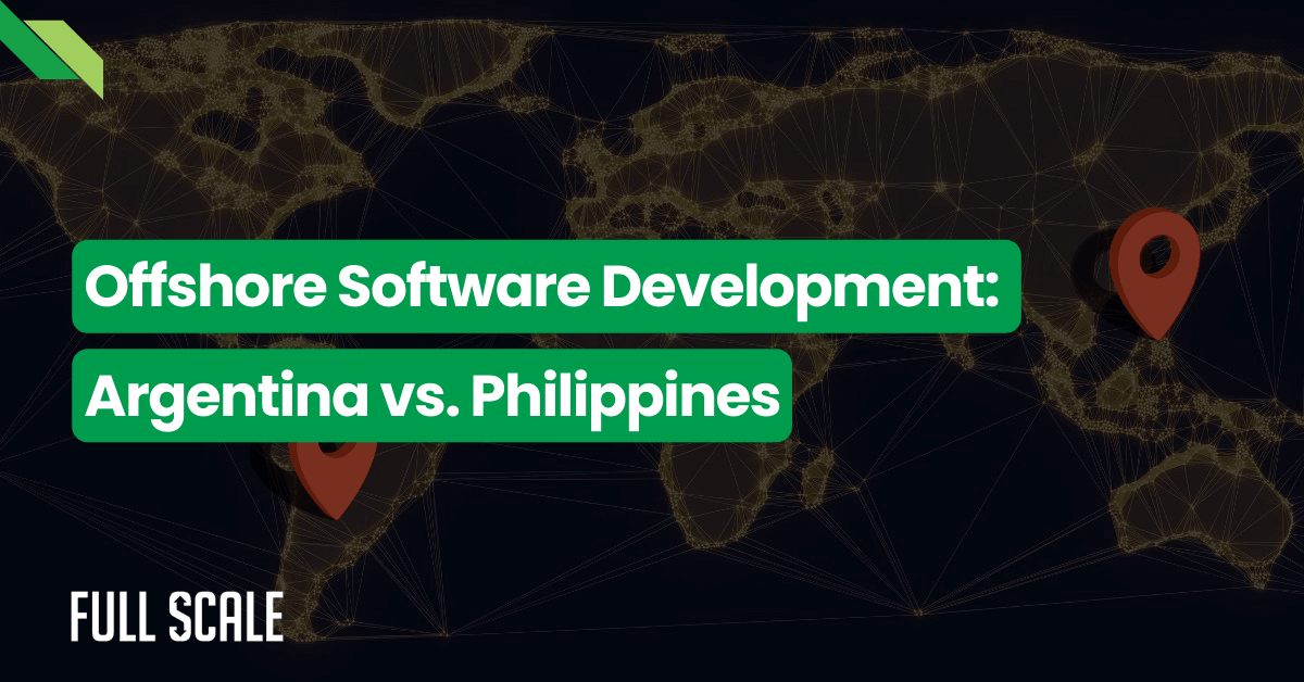 Graphic comparing offshore software development in argentina and the philippines, with map lines and location pins.