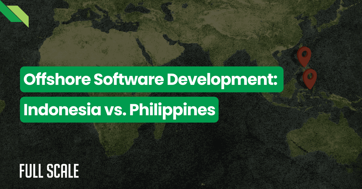 Map highlighting indonesia and the philippines with text "offshore software development: indonesia vs. philippines" by full scale.