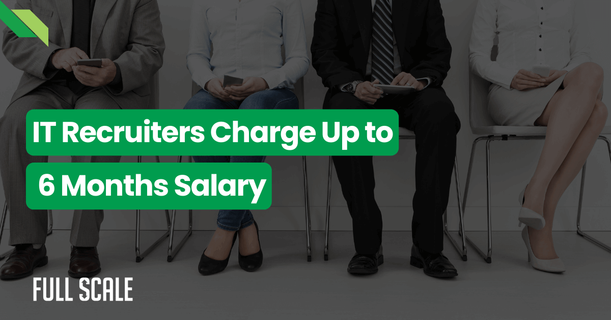 Four professionals seated in a row with a caption about it recruiters' fees.