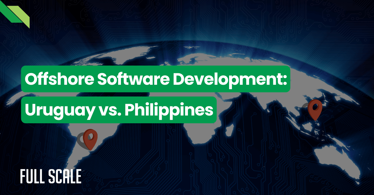 Promotional graphic comparing offshore software development in uruguay and the philippines, featuring a digital world map with location markers.