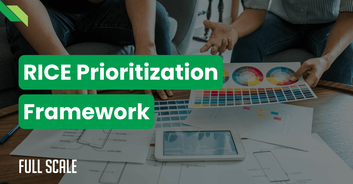 Two people discuss documents and graphs on a table. The text reads "RICE Prioritization Framework.