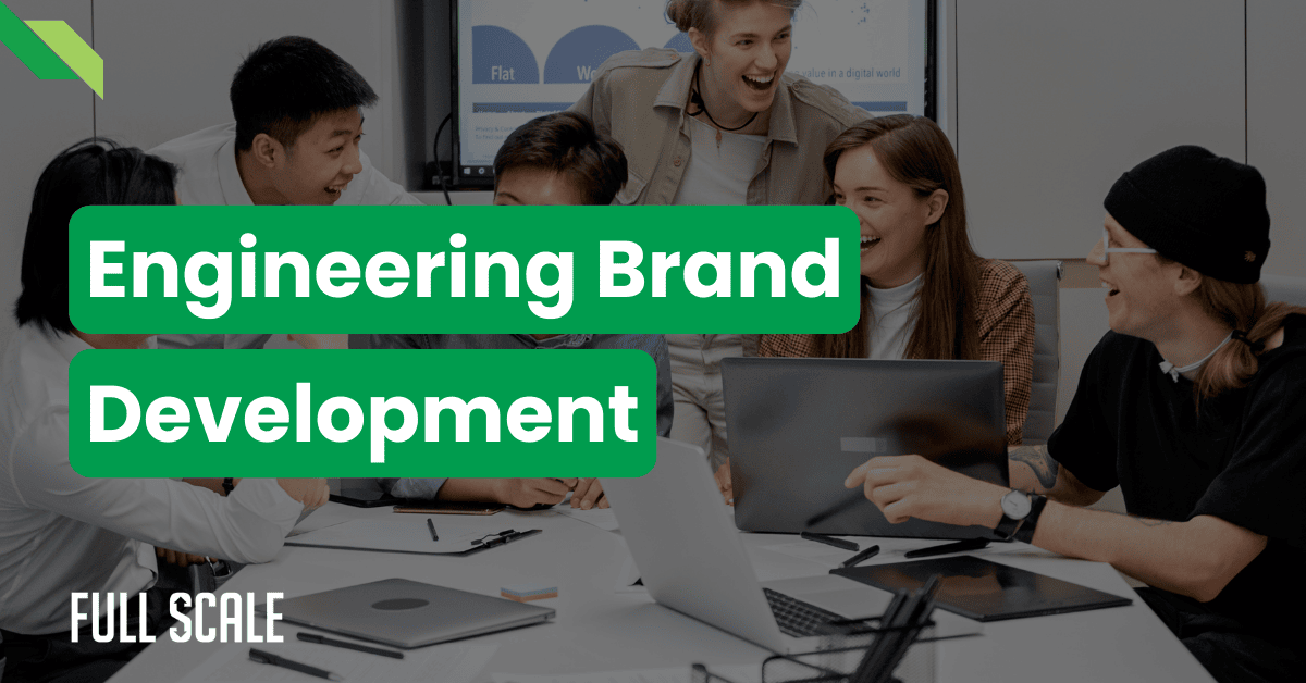 A group of five people sit around a table with laptops, smiling and talking. Text overlay reads "Engineering Brand Development & Culture Documentation.