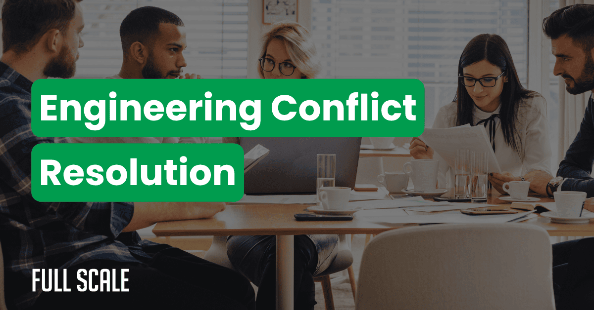 Four people sit around a table with laptops and papers, engaged in a discussion. Overlaid text reads "Productive Disagreements in Engineering Conflict Resolution.