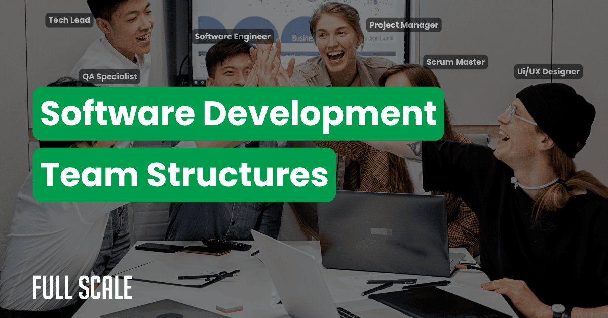 A group of five people in an office smile and high-five, with labels identifying their roles, such as Tech Lead and Scrum Master. Text reads: "Agile team structure: Software Development Team Structures.