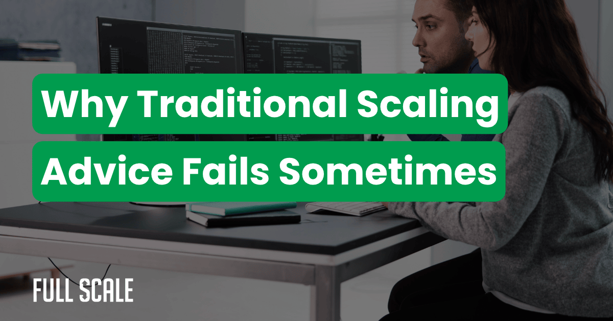Two people working at computer monitors with the text "Enterprise PHP Development Team Scaling Strategies: Why Traditional Scaling Advice Fails Sometimes" overlaid, highlighting engineering team scaling challenges as development velocity decreases in larger teams.