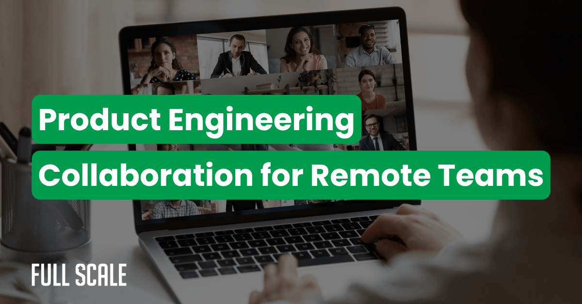 A person sits at a laptop showing a video conference with multiple people; overlaid text reads "Product Engineering Alignment Framework for Distributed Team Product Development.