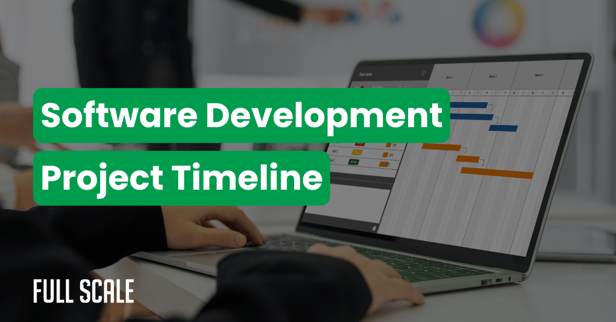 A person works on a laptop displaying a project timeline chart, illustrating software development time estimation; text overlay reads "Software Development Project Timeline.