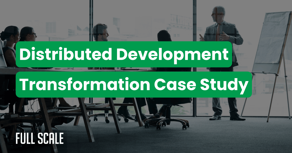 A person presents an engineering team transformation case study on distributed development to a group of seated attendees in an office setting. Text overlay reads "Distributed Development Transformation Case Study.”.