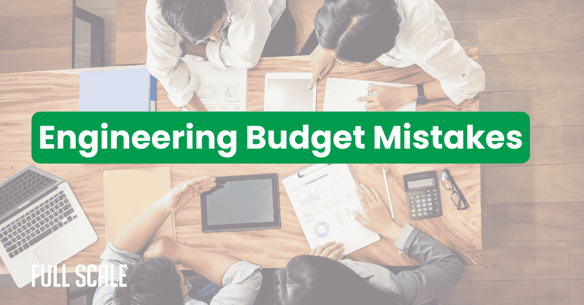 Four people work together at a wooden table with documents, a tablet, a notebook, and a calculator. Overlay text reads "Development Team Budget Overrun: Common Engineering Budget Mistakes.