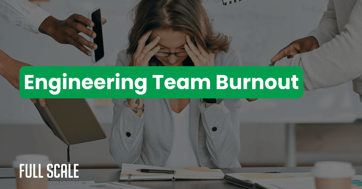 A stressed woman sits at a desk with her head in her hands while several people hand her devices and documents. Text overlay reads "Prevent developer burnout and support engineering team retention.