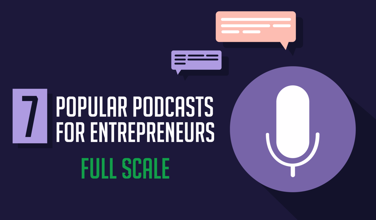 Graphic banner for "7 Popular Podcasts for Entrepreneurs" featuring a stylized microphone icon and chat bubbles on a dark purple background.