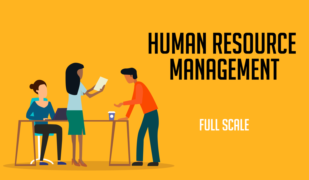 Two animated individuals engaged in a professional exchange by a desk with the words "HR management" and "startups" displayed prominently above them.