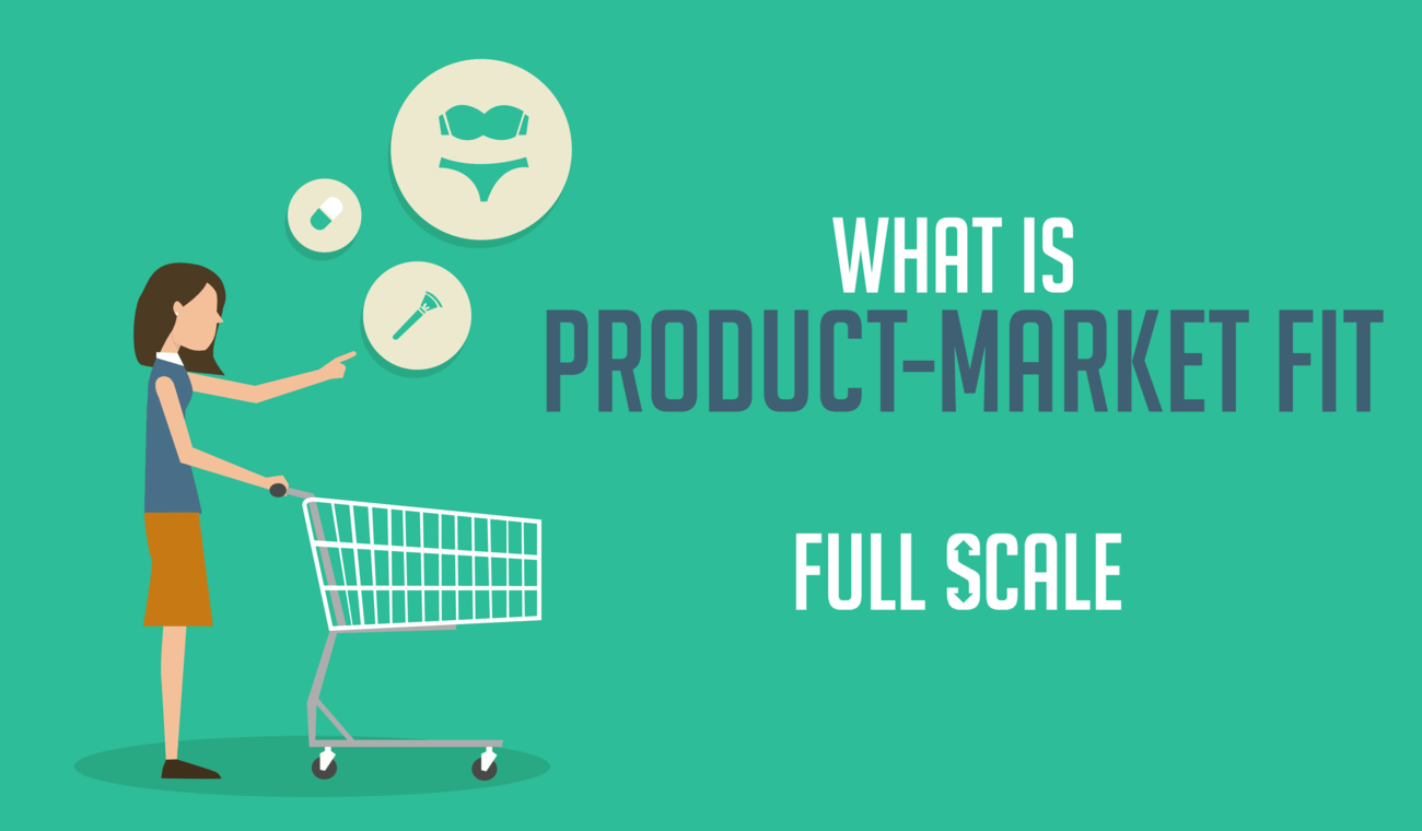 An illustrated image depicting a woman with a shopping cart looking at thought bubbles with various icons, alongside text that reads "what is product-market fit - full scale.