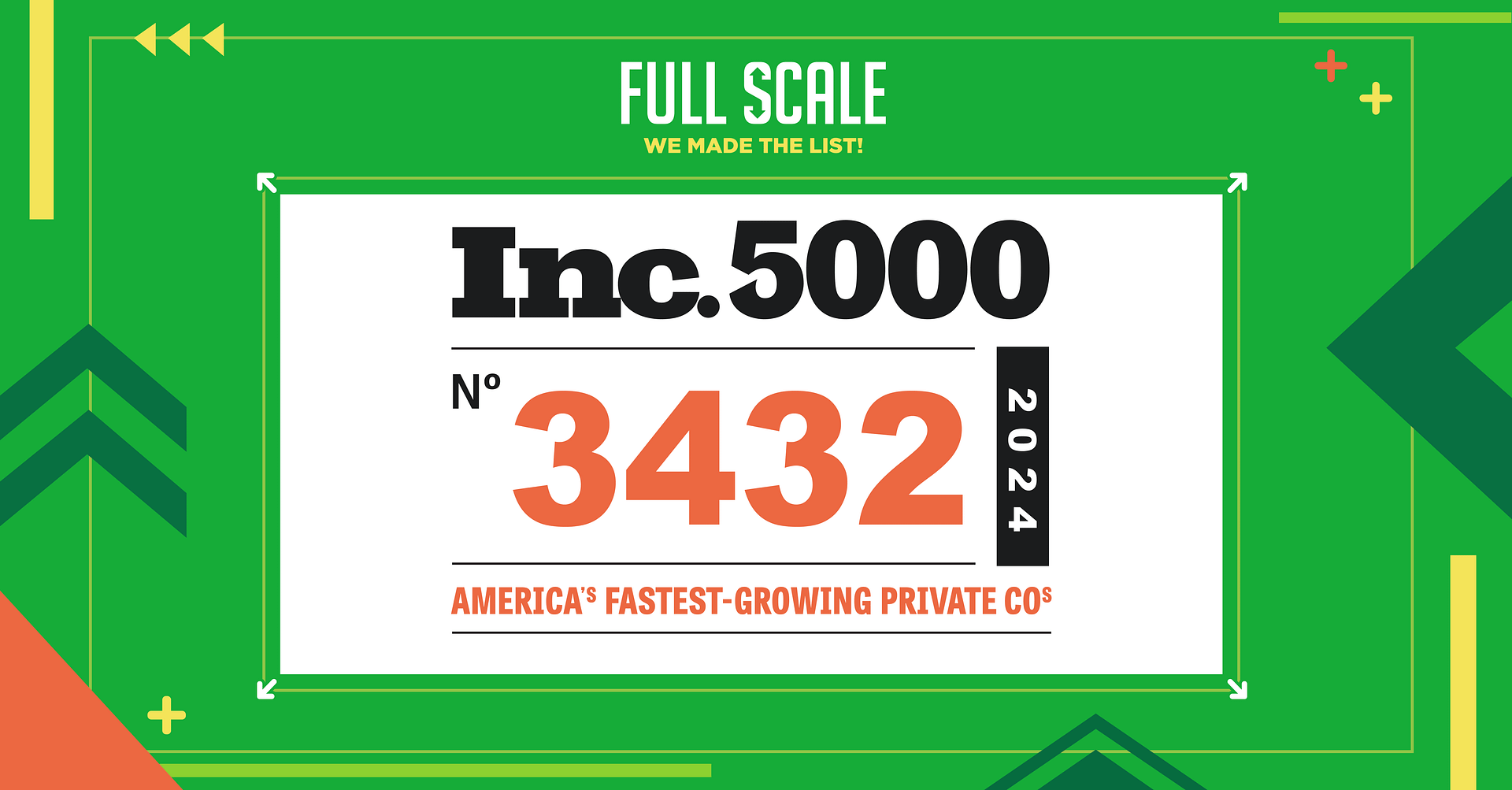 A graphic showcasing Full Scale's recognition on the Inc. 5000 List in 2024, ranking 3432 among America's fastest-growing private companies.
