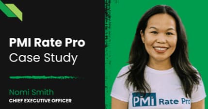 A woman wearing a "PMI Rate Pro" t-shirt stands next to text reading "PMI Rate Pro Case Study, Nomi Smith, Chief Executive Officer" on a black and green background.