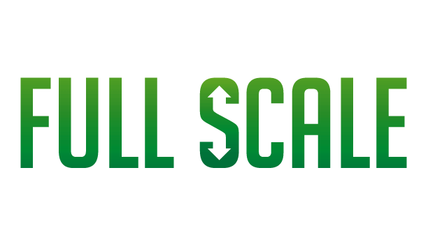 Logo of "full scale" in green, featuring bold text and a downward arrow incorporated into the letter 'a'.