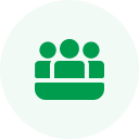 Green circle with a white icon representing three people standing side by side, symbolizing a dedicated software development team.