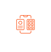 Orange line icon of a smartphone displaying two different screens, one with a user profile and another with a grid of apps, on a white background.