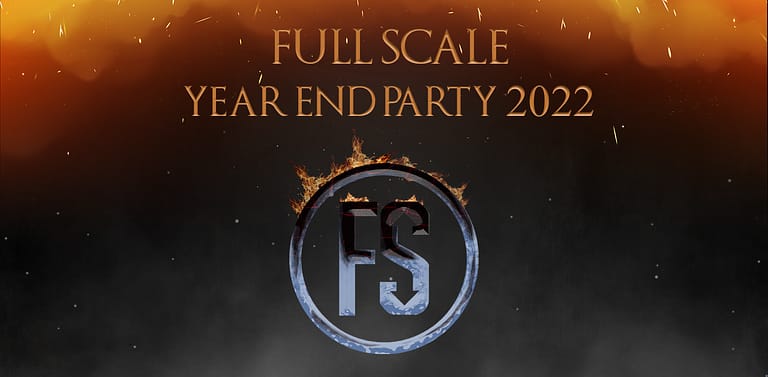 The image depicts a graphic for a "year end party 2022," featuring stylized text on a dark background with fiery orange accents and embers floating in the air, centered around a.