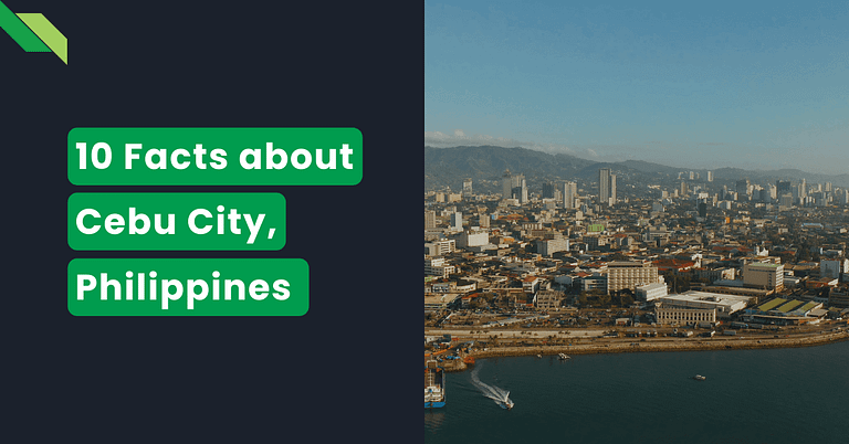 Aerial view of Cebu City, Philippines, with text overlay "10 facts about Cebu City.