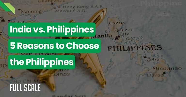 A map focused on offshore Philippines with a compass, overlaid with text "India vs. Philippines, 5 reasons to choose the Philippines.