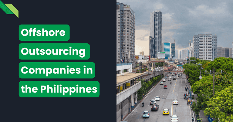 Urban cityscape with text overlay highlighting "Offshore Outsourcing Companies in the Philippines".