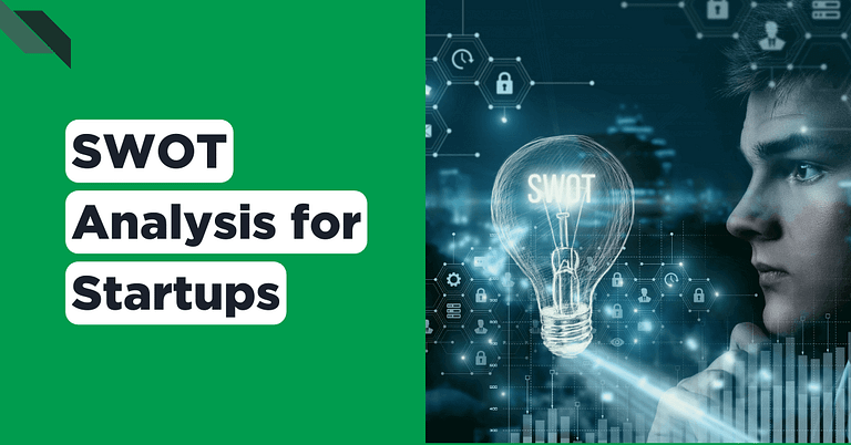 Conceptual graphic of SWOT analysis for startups featuring a lightbulb and digital interface.