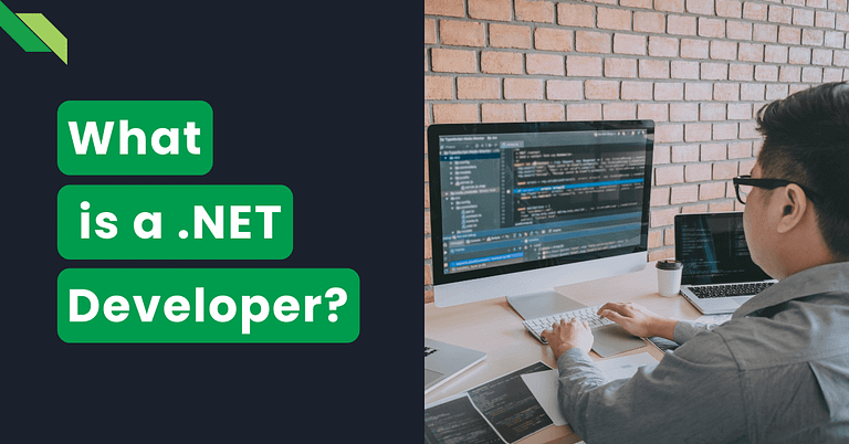 A .NET Developer working on programming in front of a computer with a question on the screen: what is a .NET Developer?