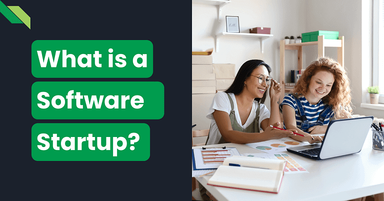 Two colleagues working and discussing in a bright office with a laptop, with text asking "what is a software startup?".