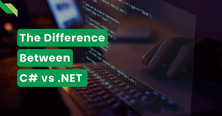 Exploring the distinction between C# and .NET with code on a computer screen in the background.