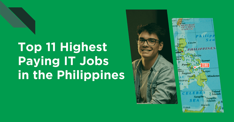 A smiling young man with glasses next to a list of the top 11 highest paying IT jobs in the Philippines, featuring a map background.