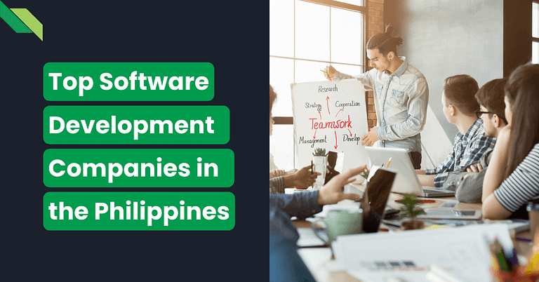 Group of professionals engaged in a team meeting with a presentation on the top 5 software development companies in the Philippines.